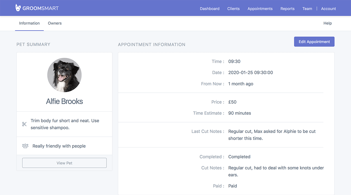 A screenshot the GroomSmart dashboard