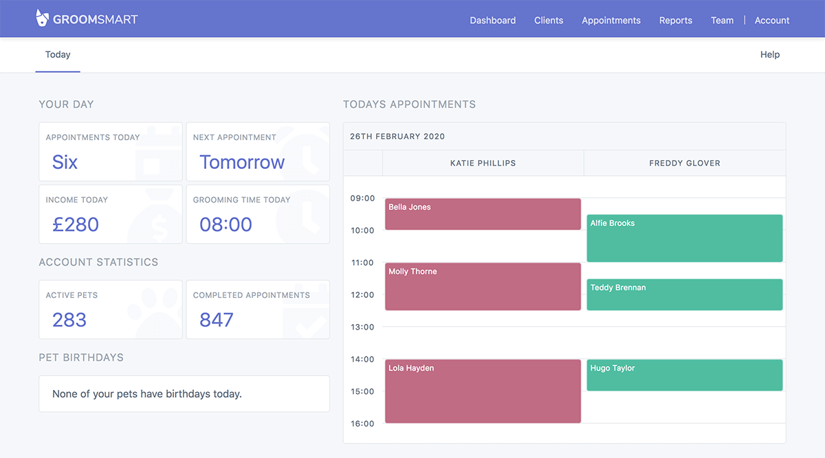 A screenshot the GroomSmart dashboard